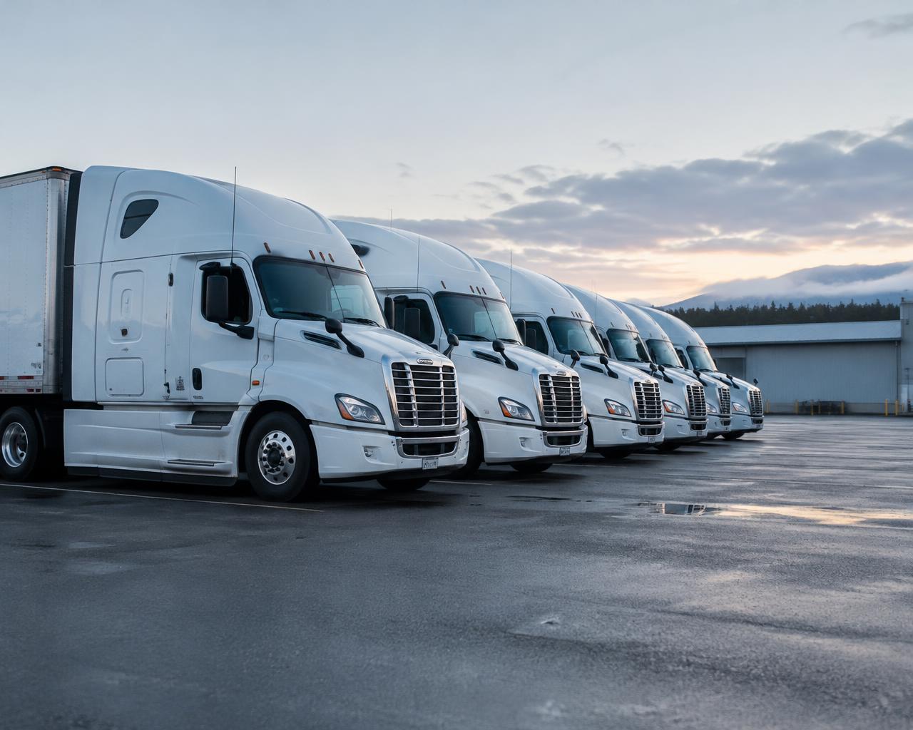 Row of modern tractor-trailers parked at a transportation facility