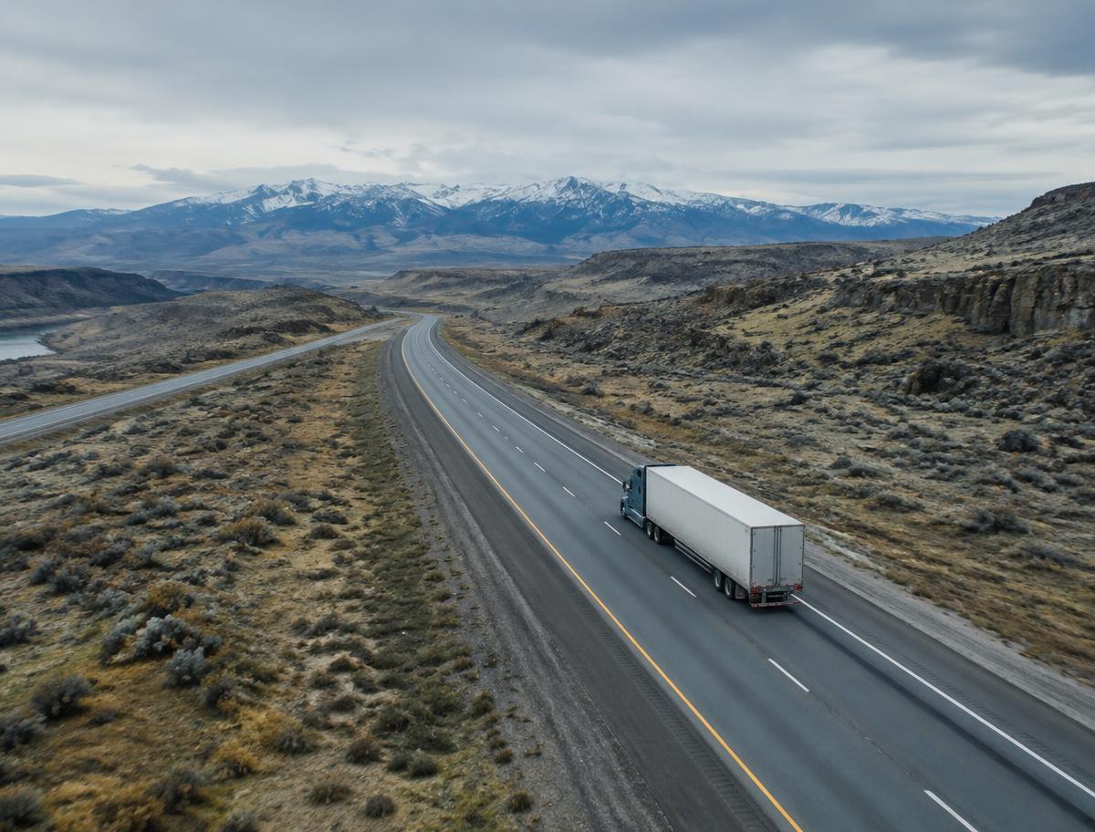 Tractor-trailer traveling an interstate through Idaho high desert